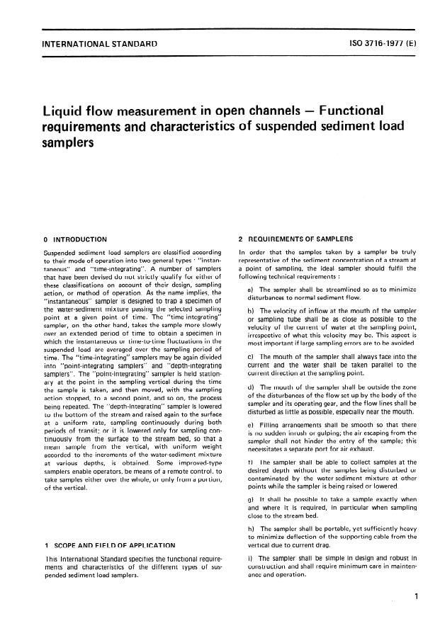 ISO 3716:1977 - Liquid flow measurement in open channels -- Functional requirements and characteristics of suspended sediment load samplers