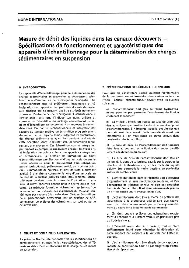 ISO 3716:1977 - Mesure de débit des liquides dans les canaux découverts -- Spécifications de fonctionnement et caractéristiques des appareils d'échantillonnage pour la détermination des charges sédimentaires en suspension