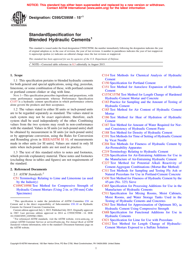 ASTM C595/C595M-15e1 - Standard Specification for Blended Hydraulic Cements