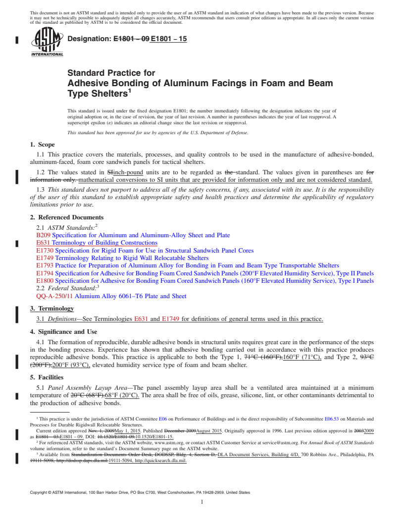 REDLINE ASTM E1801-15 - Standard Practice for Adhesive Bonding of Aluminum Facings in Foam and Beam Type  Shelters