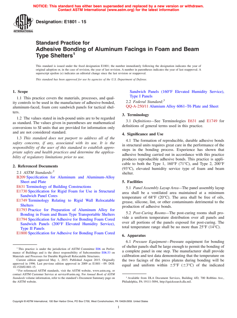 ASTM E1801-15 - Standard Practice for Adhesive Bonding of Aluminum Facings in Foam and Beam Type  Shelters