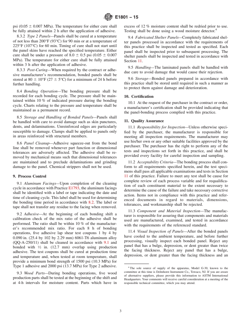 ASTM E1801-15 - Standard Practice for Adhesive Bonding of Aluminum Facings in Foam and Beam Type  Shelters