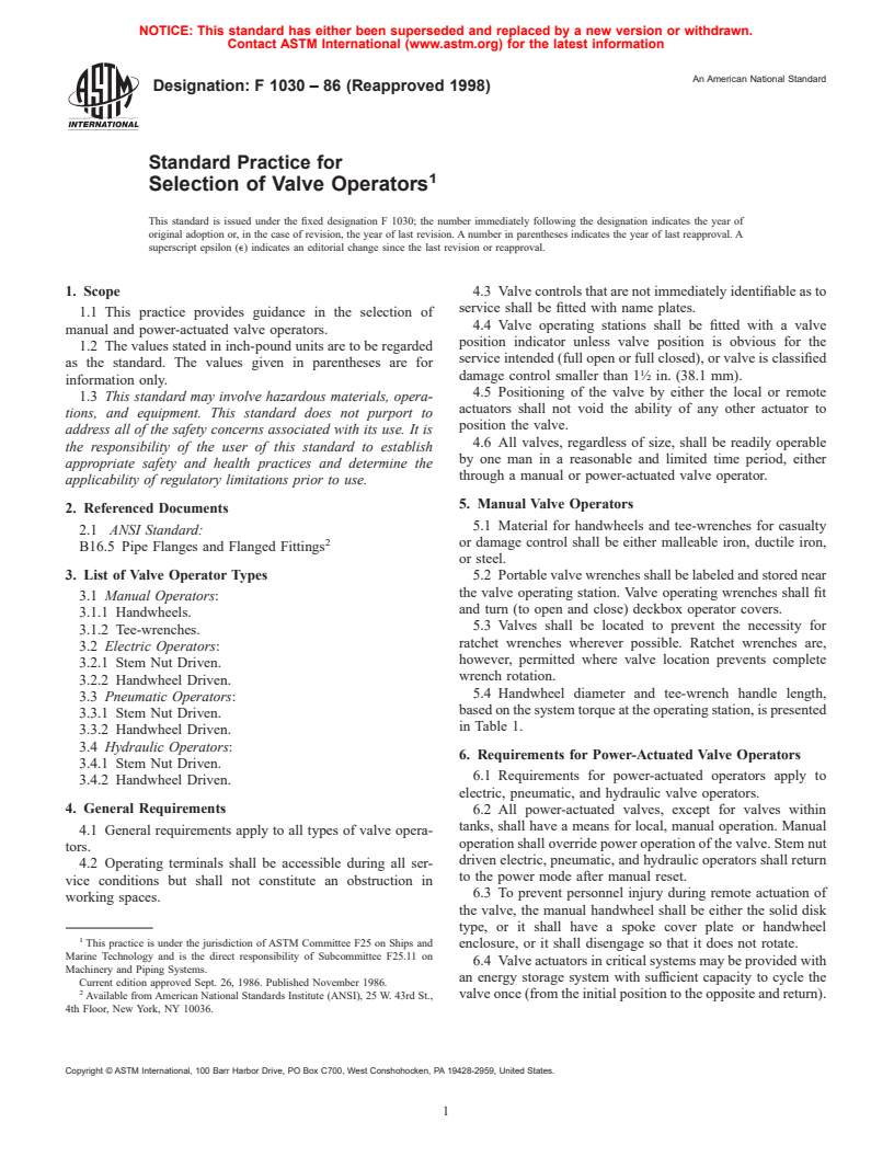 ASTM F1030-86(1998) - Standard Practice for Selection of Valve Operators