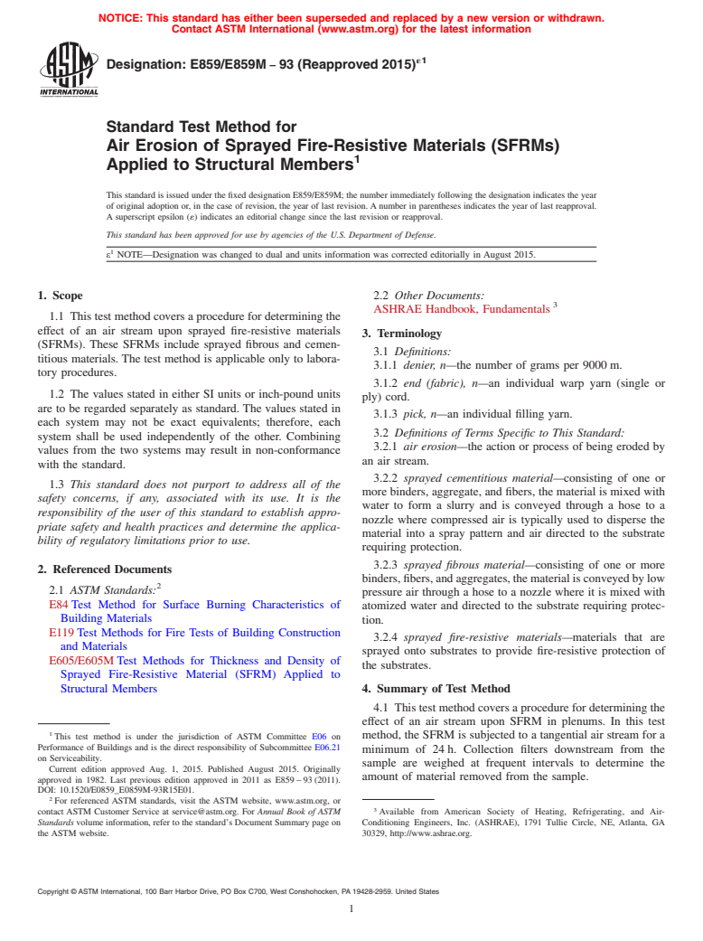 ASTM E859/E859M-93(2015)e1 - Standard Test Method for Air Erosion of Sprayed Fire-Resistive Materials (SFRMs) Applied  to Structural Members