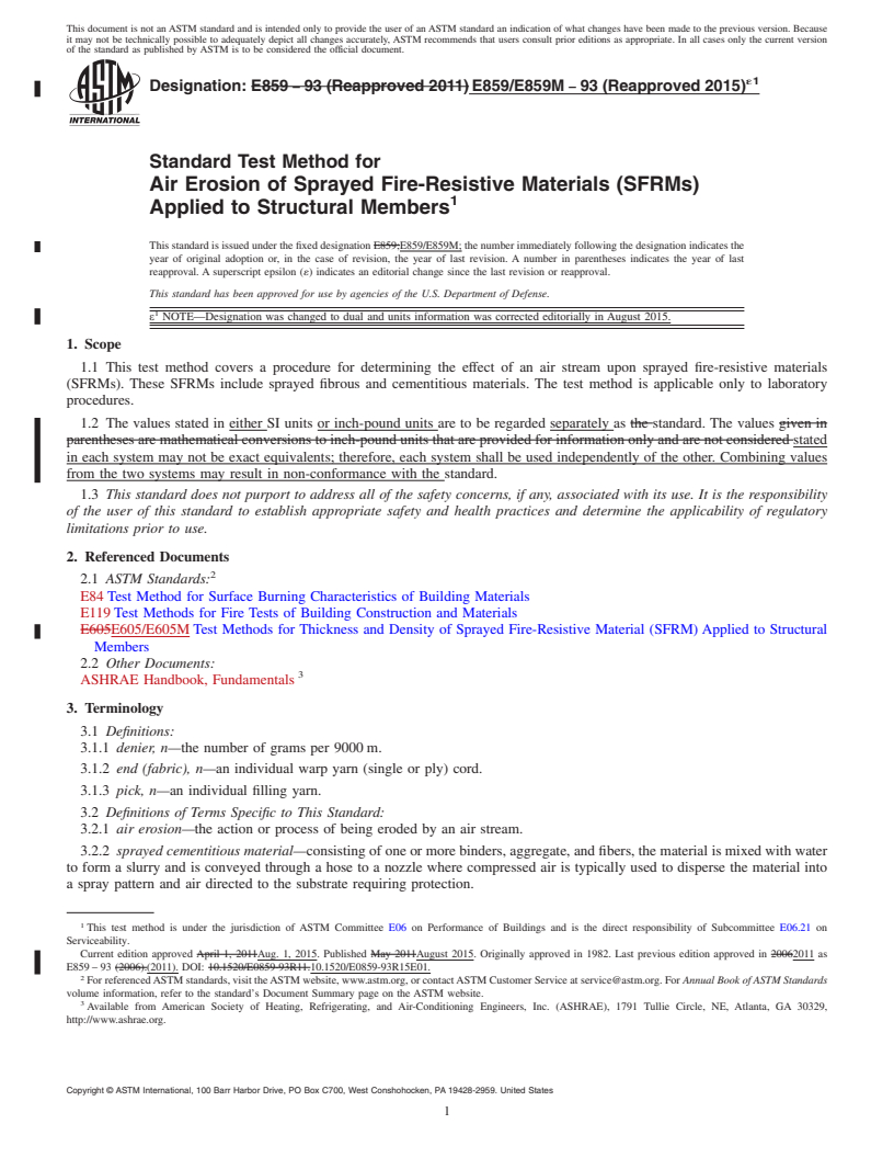 REDLINE ASTM E859/E859M-93(2015)e1 - Standard Test Method for Air Erosion of Sprayed Fire-Resistive Materials (SFRMs) Applied  to Structural Members