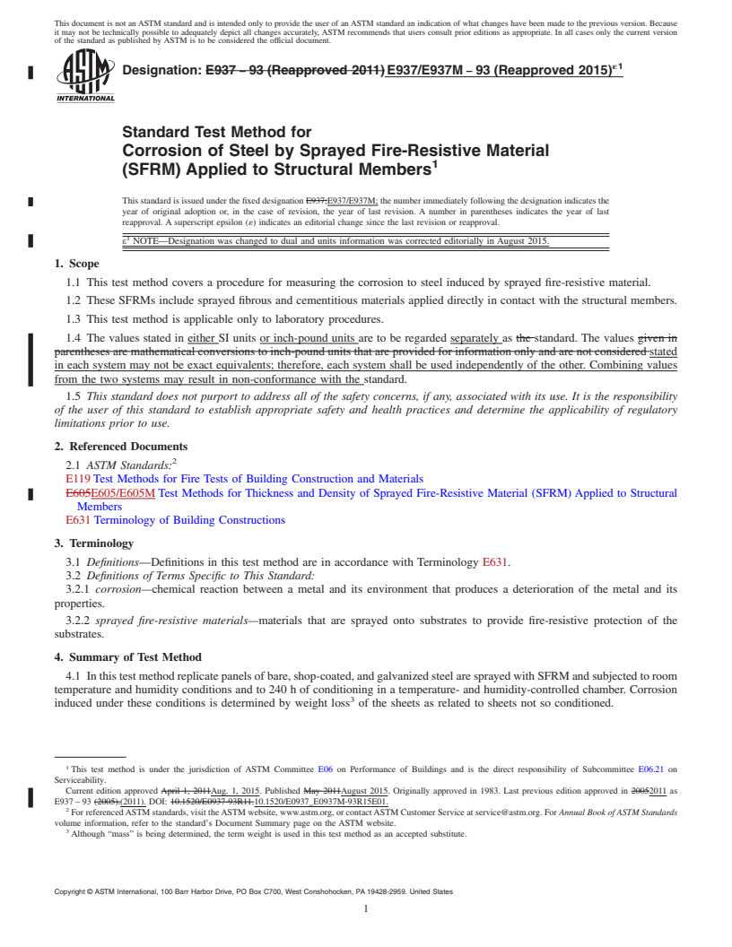 REDLINE ASTM E937/E937M-93(2015)e1 - Standard Test Method for Corrosion of Steel by Sprayed Fire-Resistive Material (SFRM)  Applied to Structural Members