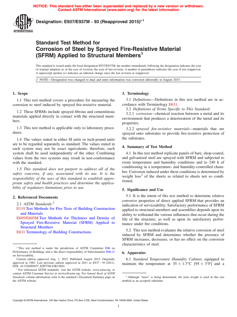 ASTM E937/E937M-93(2015)e1 - Standard Test Method for Corrosion of Steel by Sprayed Fire-Resistive Material (SFRM)  Applied to Structural Members