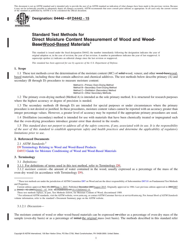 REDLINE ASTM D4442-15 - Standard Test Methods for  Direct Moisture Content Measurement of Wood and Wood-Based  Materials