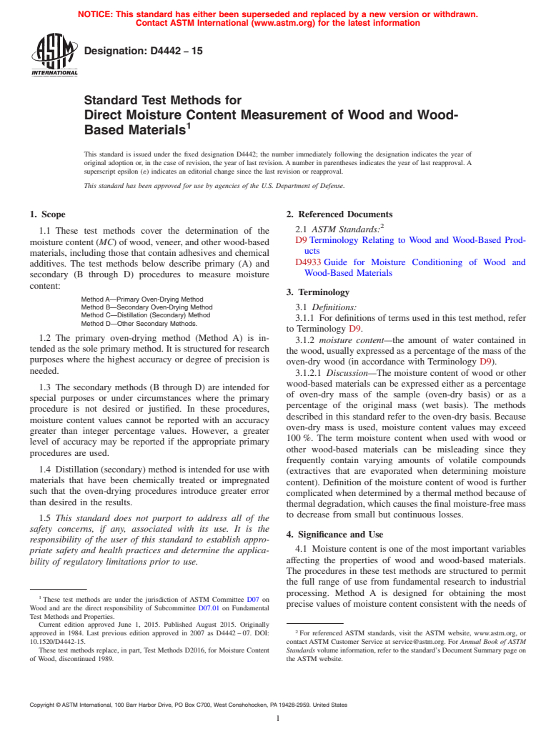 ASTM D4442-15 - Standard Test Methods for  Direct Moisture Content Measurement of Wood and Wood-Based  Materials