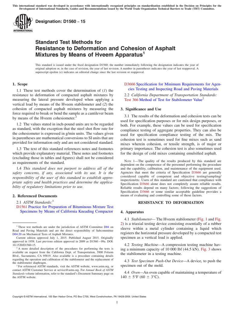 ASTM D1560-15 - Standard Test Methods for Resistance to Deformation and Cohesion of Asphalt Mixtures  by Means of Hveem Apparatus