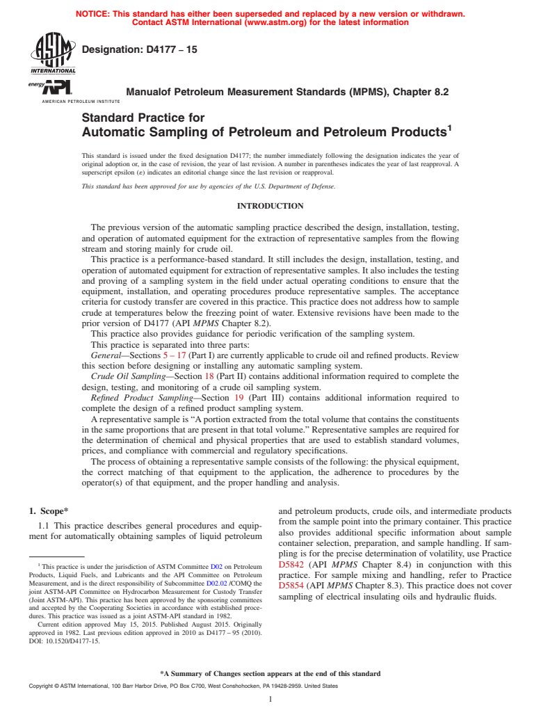 ASTM D4177-15 - Standard Practice for Automatic Sampling of Petroleum and Petroleum Products