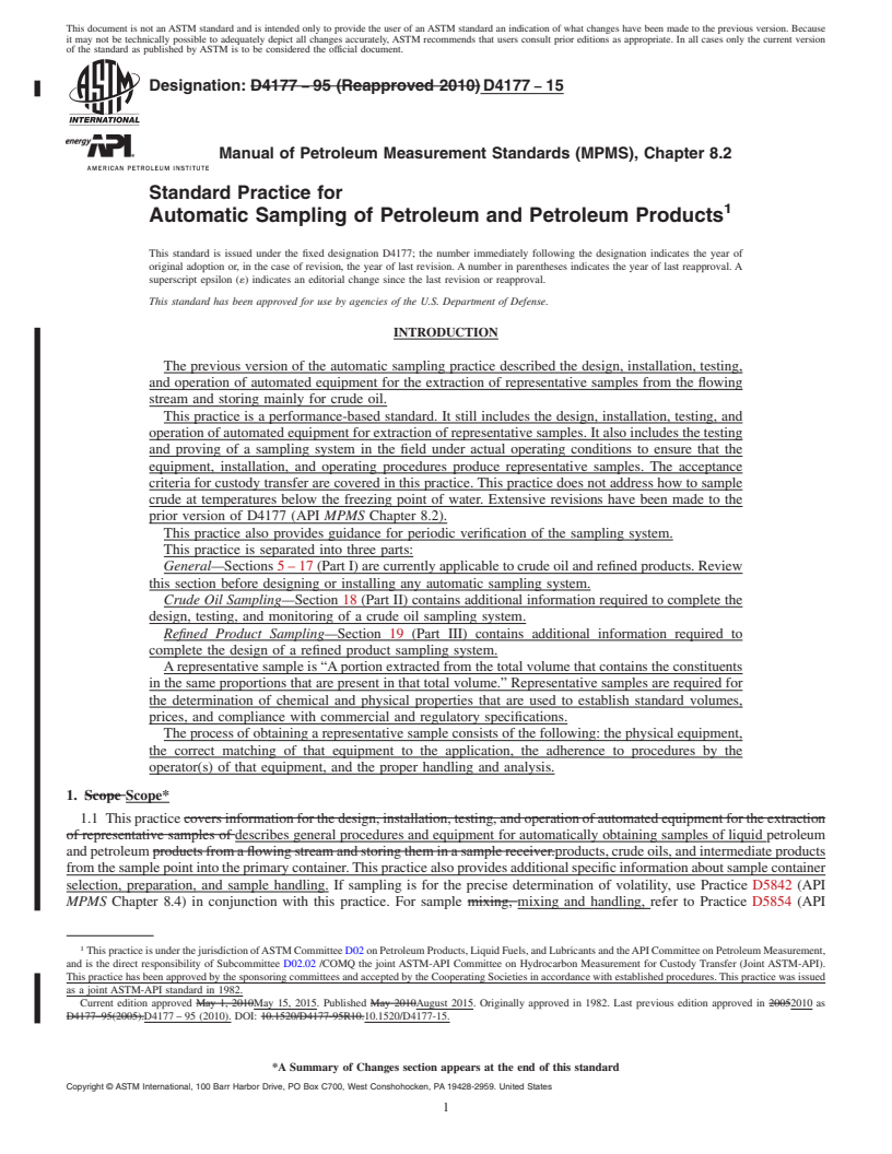 REDLINE ASTM D4177-15 - Standard Practice for Automatic Sampling of Petroleum and Petroleum Products