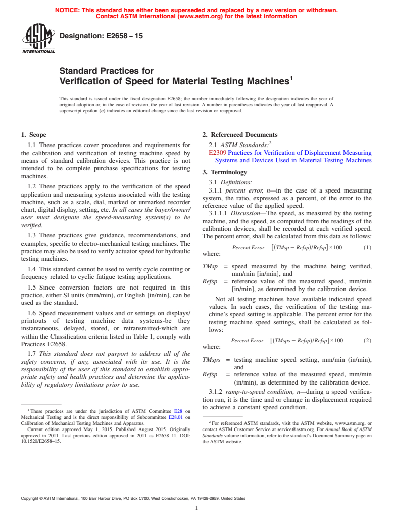 ASTM E2658-15 - Standard Practices for  Verification of Speed for Material Testing Machines