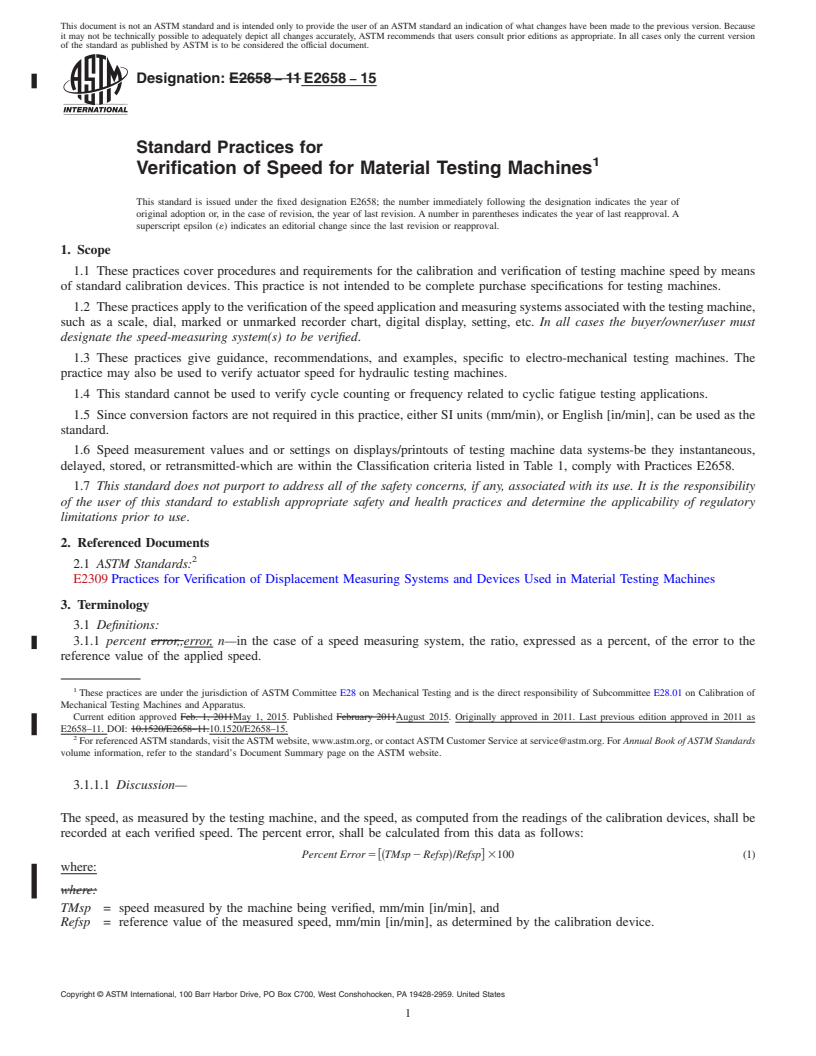 REDLINE ASTM E2658-15 - Standard Practices for  Verification of Speed for Material Testing Machines