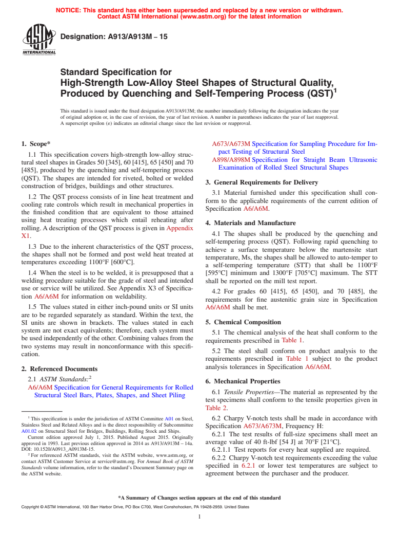 ASTM A913/A913M-15 - Standard Specification for  High-Strength Low-Alloy Steel Shapes of Structural Quality,  Produced by Quenching and Self-Tempering Process (QST)