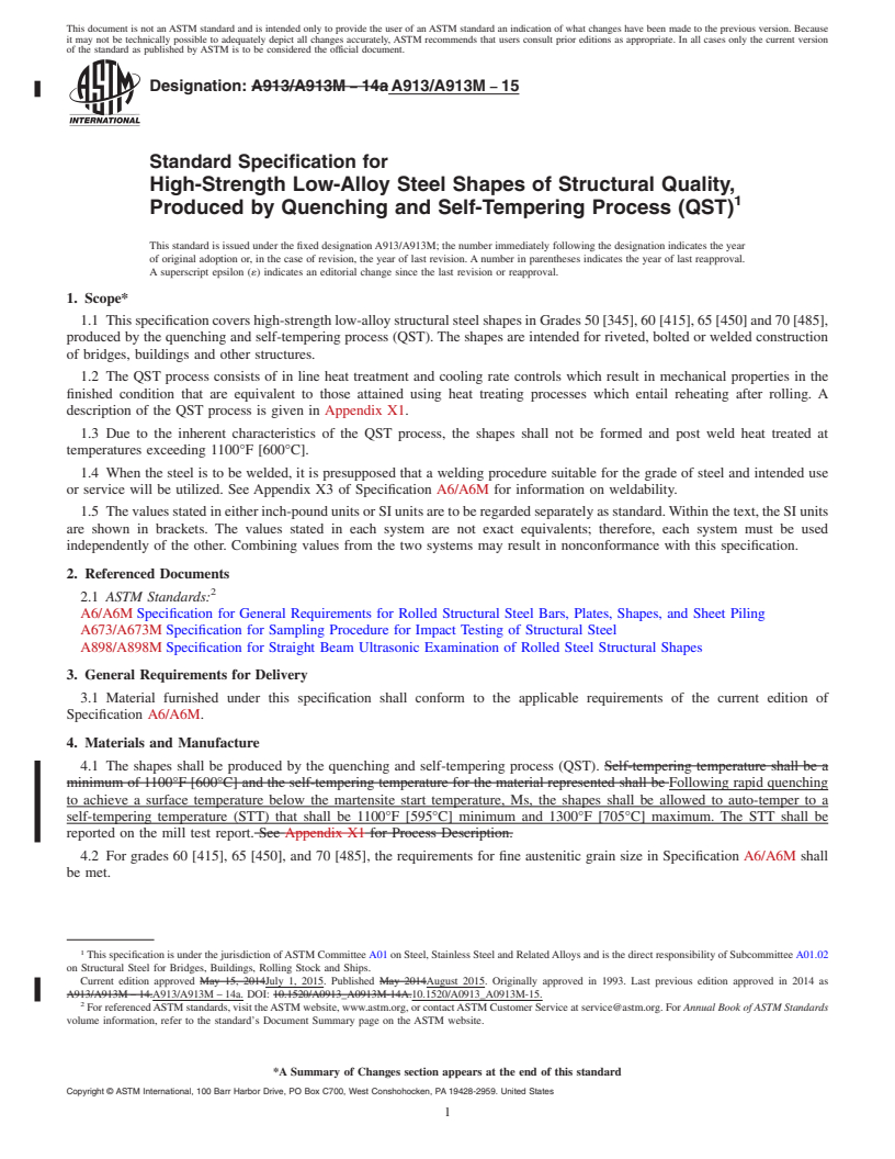 REDLINE ASTM A913/A913M-15 - Standard Specification for  High-Strength Low-Alloy Steel Shapes of Structural Quality,  Produced by Quenching and Self-Tempering Process (QST)