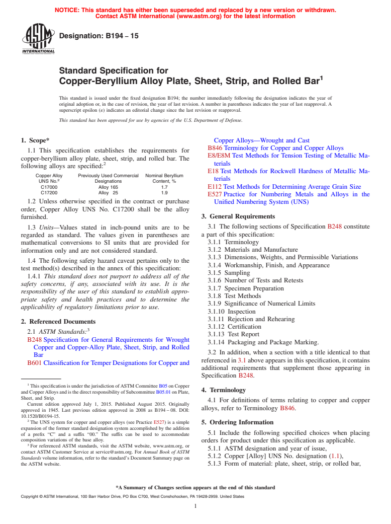 ASTM B194-15 - Standard Specification for Copper-Beryllium Alloy Plate, Sheet, Strip, and Rolled Bar