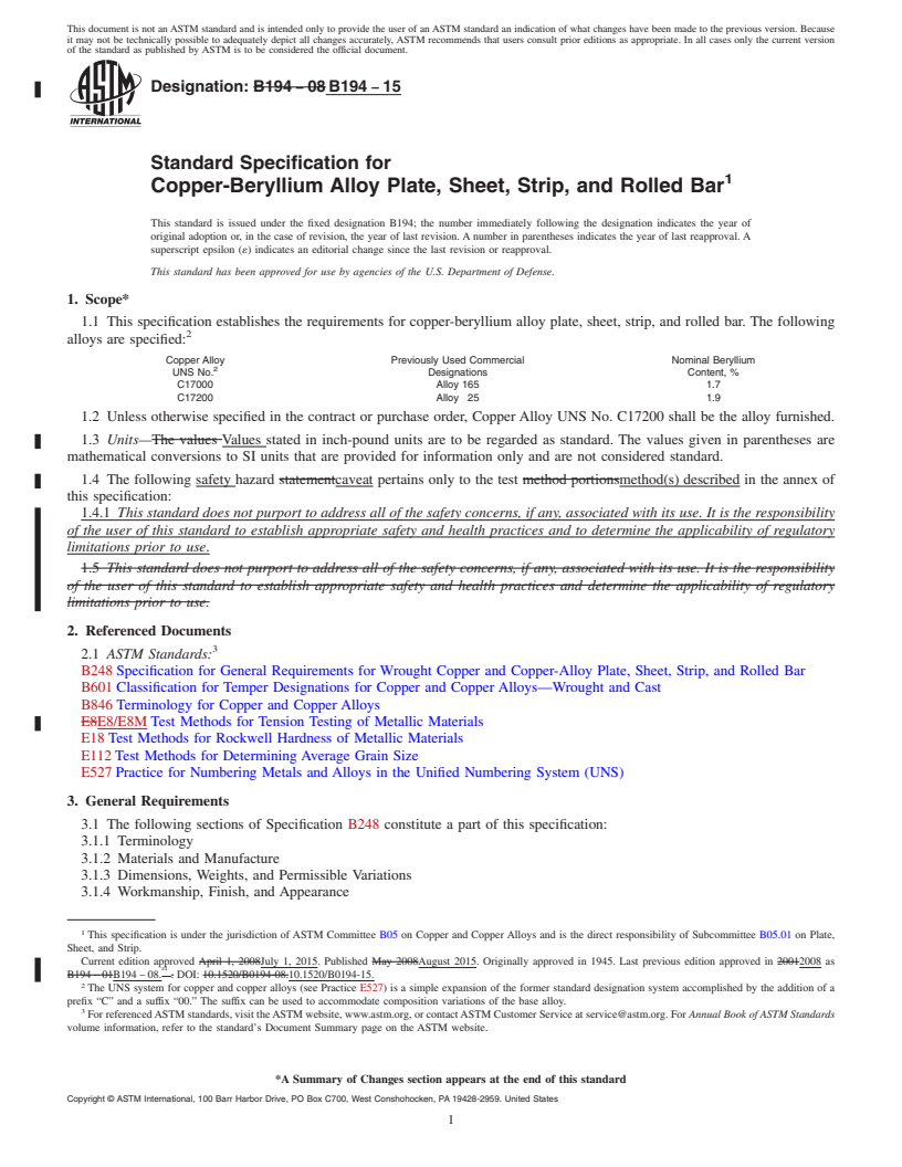 REDLINE ASTM B194-15 - Standard Specification for Copper-Beryllium Alloy Plate, Sheet, Strip, and Rolled Bar