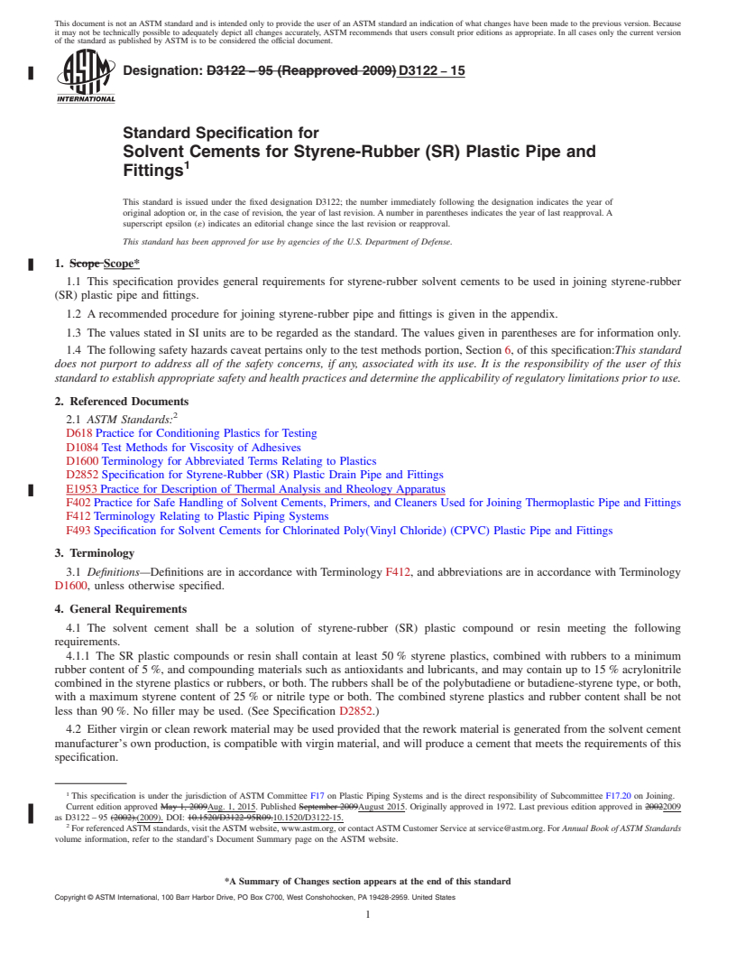 REDLINE ASTM D3122-15 - Standard Specification for  Solvent Cements for Styrene-Rubber (SR) Plastic Pipe and Fittings