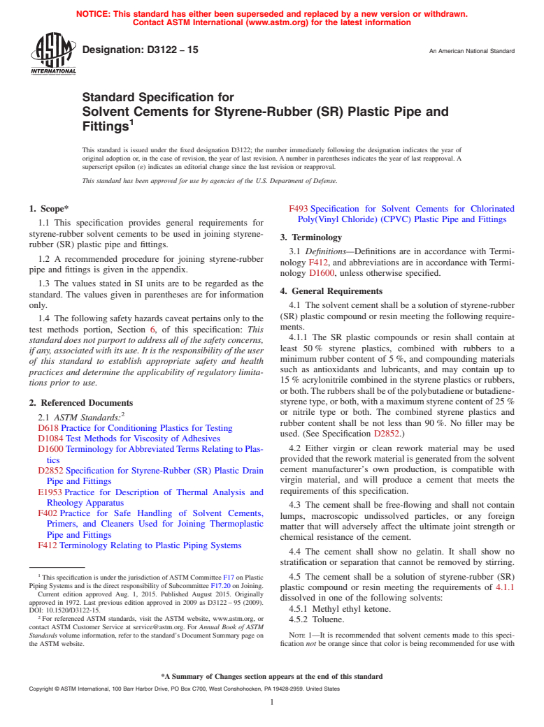 ASTM D3122-15 - Standard Specification for  Solvent Cements for Styrene-Rubber (SR) Plastic Pipe and Fittings