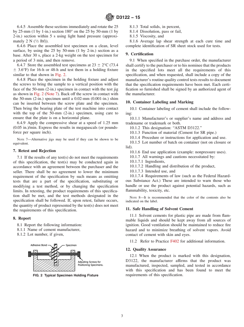 ASTM D3122-15 - Standard Specification for  Solvent Cements for Styrene-Rubber (SR) Plastic Pipe and Fittings