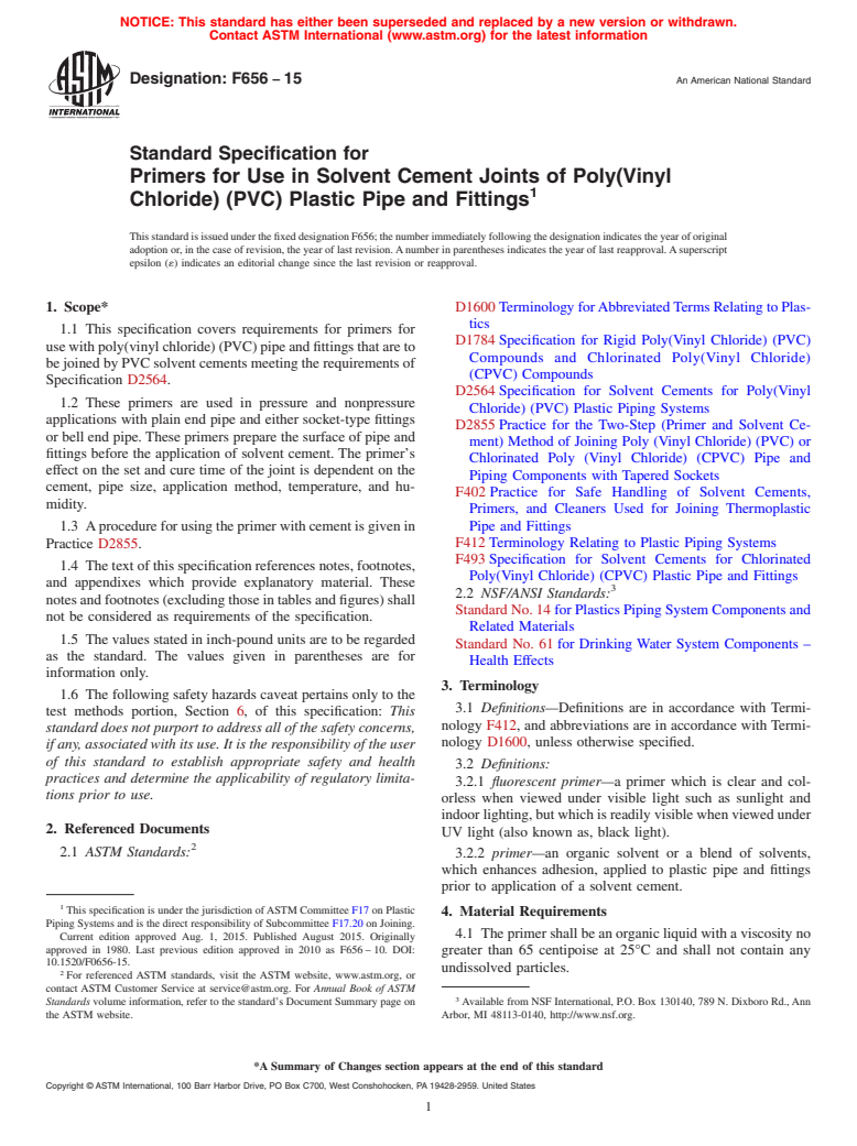 ASTM F656-15 - Standard Specification for  Primers for Use in Solvent Cement Joints of Poly(Vinyl Chloride)   (PVC) Plastic Pipe and Fittings