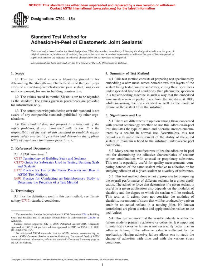ASTM C794-15a - Standard Test Method for  Adhesion-in-Peel of Elastomeric Joint Sealants