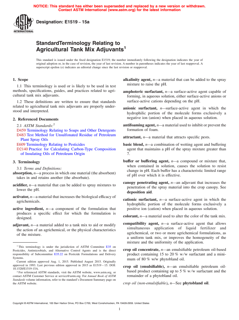 ASTM E1519-15a - Standard Terminology Relating to  Agricultural Tank Mix Adjuvants