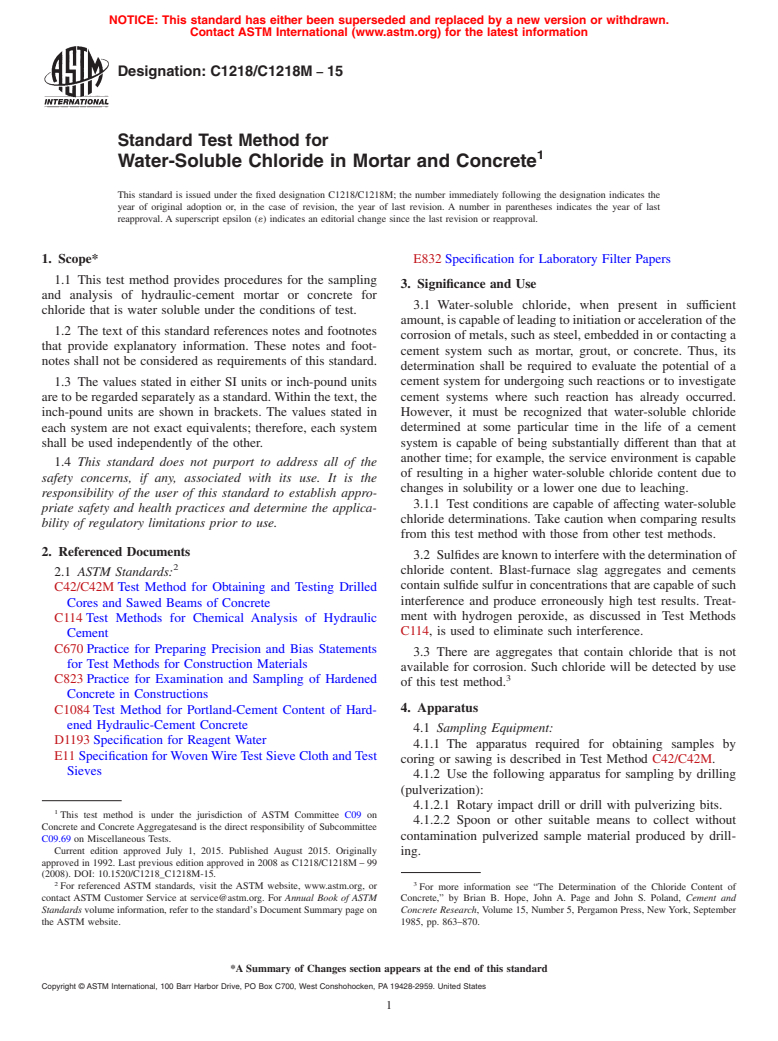 ASTM C1218/C1218M-15 - Standard Test Method for  Water-Soluble Chloride in Mortar and Concrete