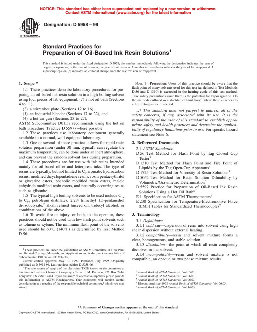 ASTM D5958-99 - Standard Practices for Preparation of Oil-Based Ink Resin Solutions