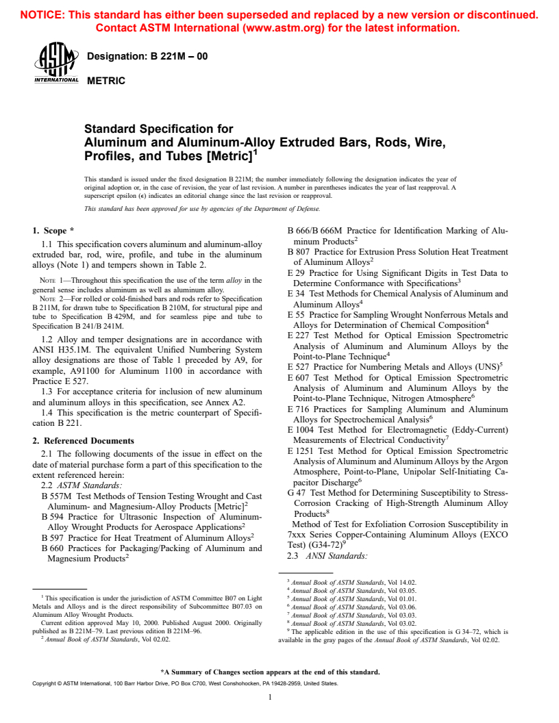 ASTM B221M-00 - Standard Specification for Aluminum and Aluminum-Alloy Extruded Bars, Rods, Wire, Profiles, and Tubes [Metric]