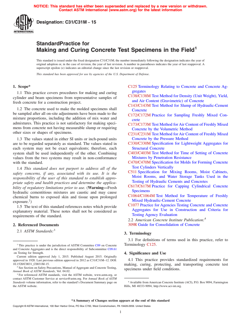 ASTM C31/C31M-15 - Standard Practice for  Making and Curing Concrete Test Specimens in the Field