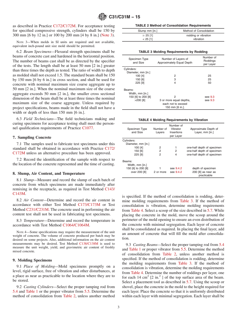 ASTM C31/C31M-15 - Standard Practice for  Making and Curing Concrete Test Specimens in the Field