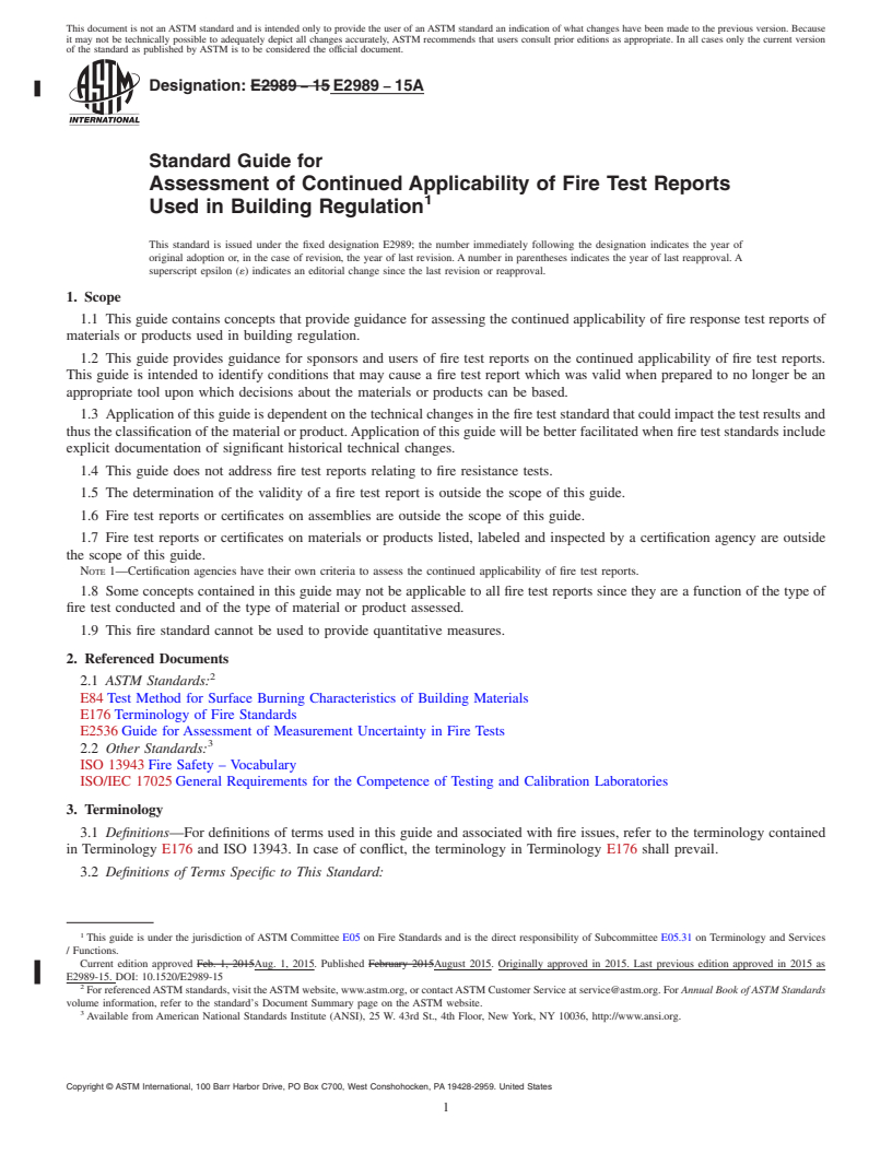 REDLINE ASTM E2989-15a - Standard Guide for Assessment of Continued Applicability of Fire Test Reports  Used in Building Regulation