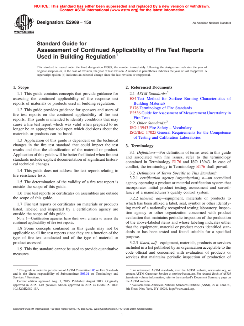 ASTM E2989-15a - Standard Guide for Assessment of Continued Applicability of Fire Test Reports  Used in Building Regulation