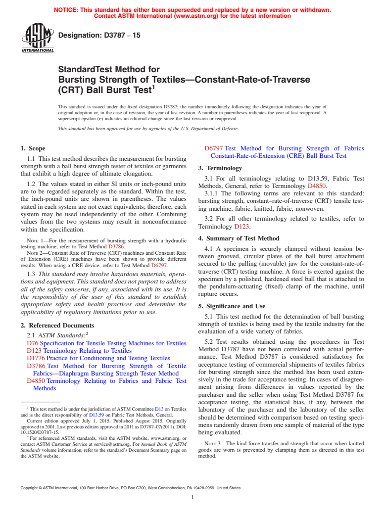 ASTM D3787-15 - Standard Test Method for  Bursting Strength of Textiles&#x2014;Constant-Rate-of-Traverse  (CRT) Ball Burst Test