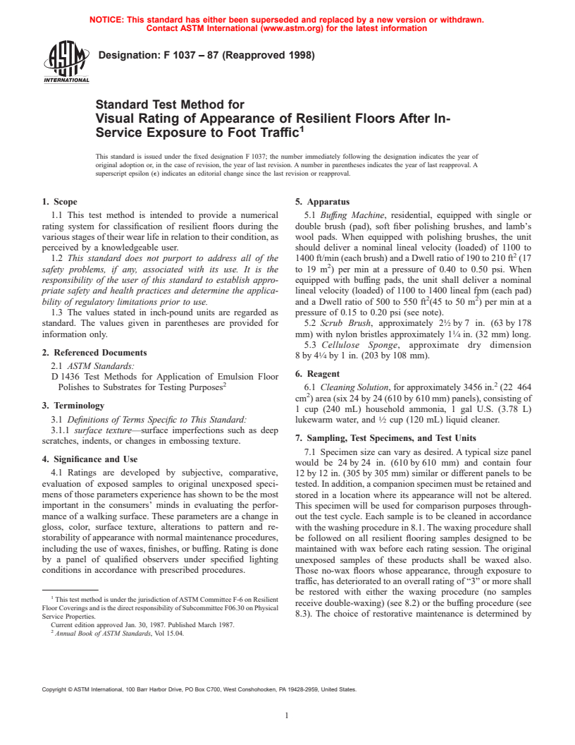 ASTM F1037-87(1998) - Standard Test Method for Visual Rating of Appearance of Resilient Floors After In-Service Exposure to Foot Traffic