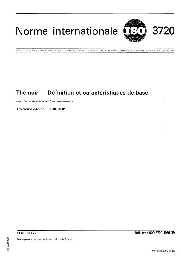 ISO 3720:1986 - Thé noir -- Définition et caractéristiques de base