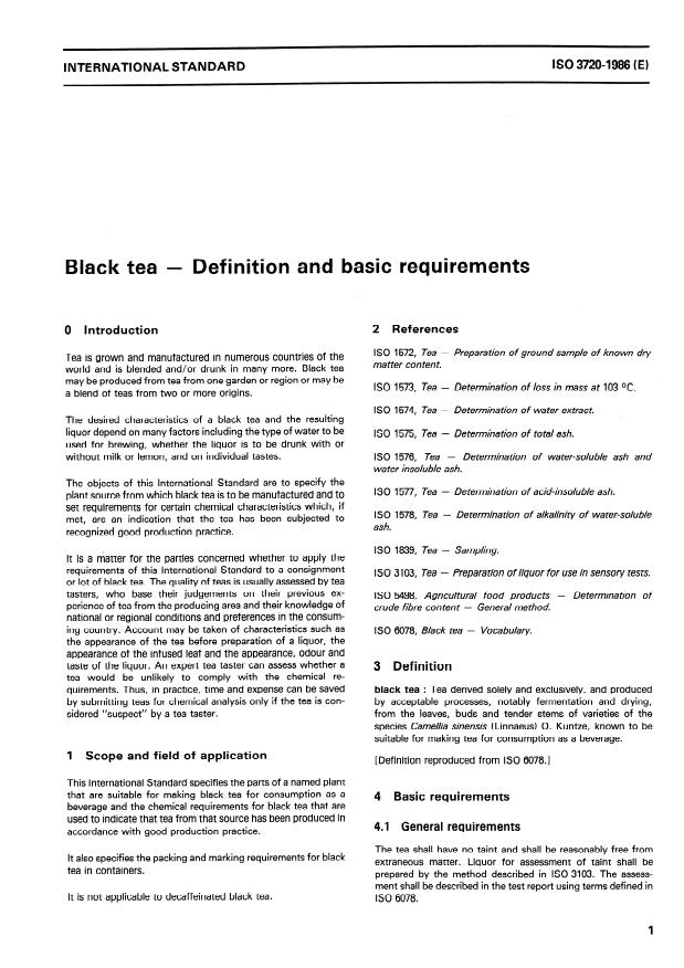 ISO 3720:1986 - Black tea -- Definition and basic requirements
