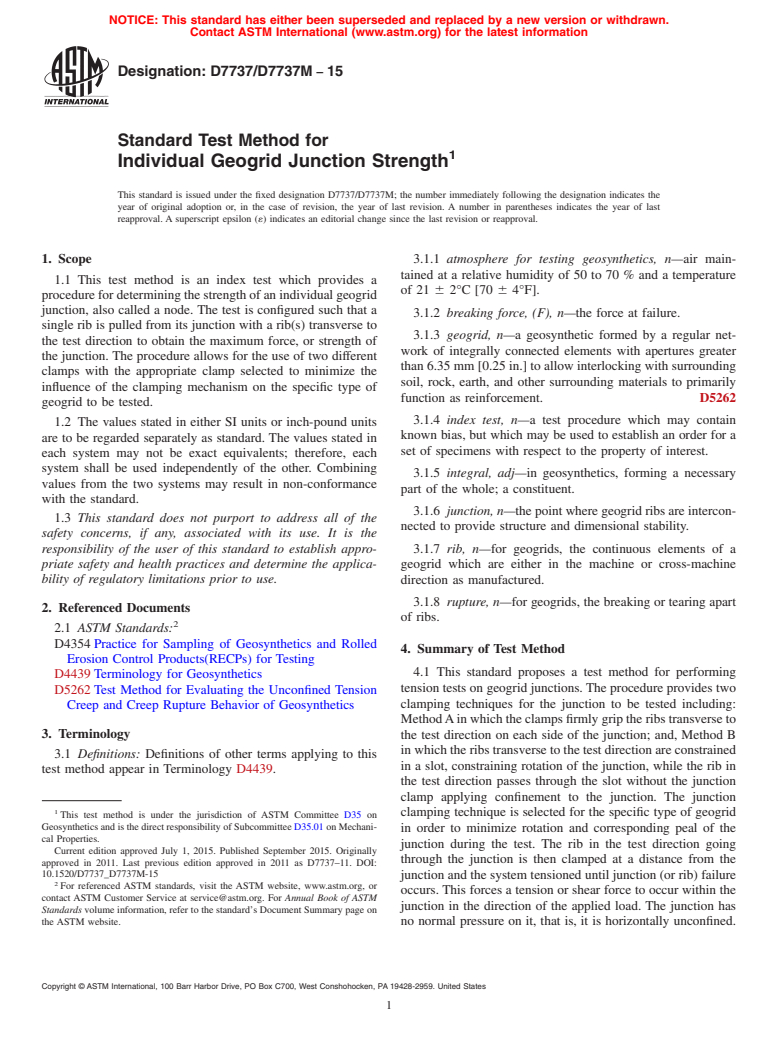 ASTM D7737/D7737M-15 - Standard Test Method for Individual Geogrid Junction Strength