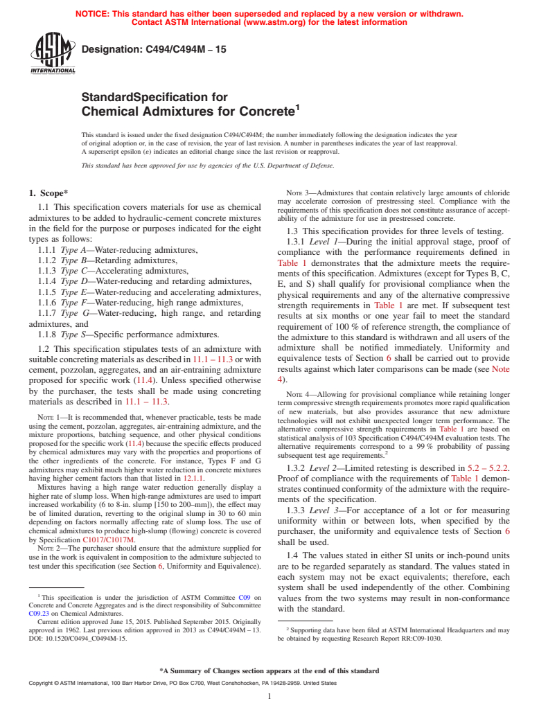 ASTM C494/C494M-15 - Standard Specification for  Chemical Admixtures for Concrete