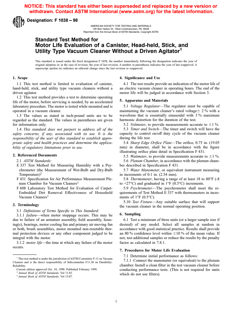 ASTM F1038-98 - Standard Test Method for Motor Life Evaluation of a Canister, Hand-held, Stick, and Utility Type Vacuum Cleaner Without a Driven Agitator