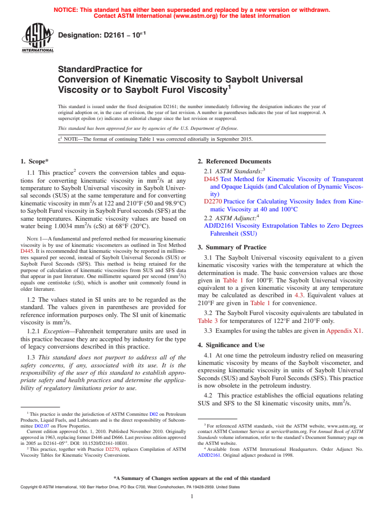 ASTM D2161-10e1 - Standard Practice for  Conversion of Kinematic Viscosity to Saybolt Universal Viscosity  or to Saybolt Furol Viscosity