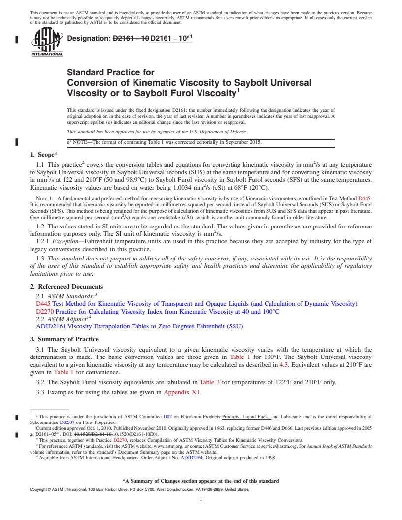 REDLINE ASTM D2161-10e1 - Standard Practice for  Conversion of Kinematic Viscosity to Saybolt Universal Viscosity  or to Saybolt Furol Viscosity