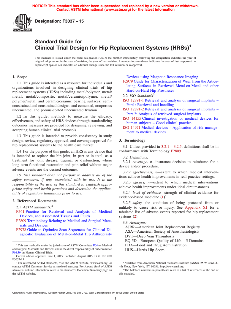 ASTM F3037-15 - Standard Guide for Clinical Trial Design for Hip Replacement Systems (HRSs) (Withdrawn 2020)