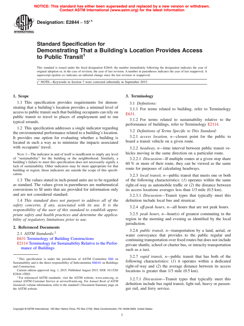 ASTM E2844-15e1 - Standard Specification for Demonstrating That a Building&#x2019;s Location Provides Access  to Public Transit