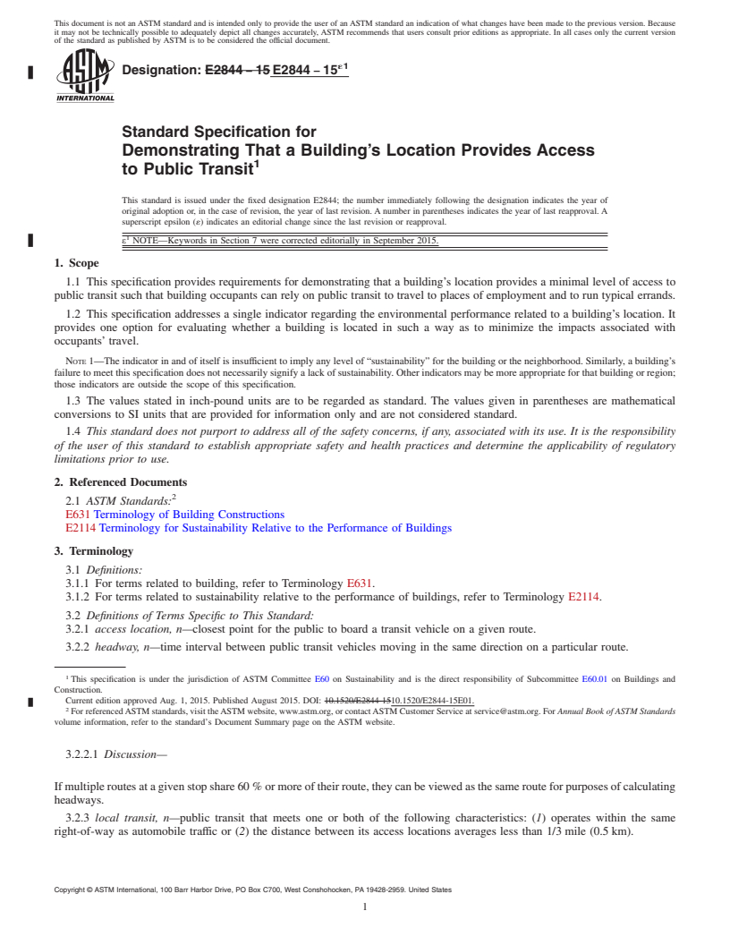 REDLINE ASTM E2844-15e1 - Standard Specification for Demonstrating That a Building&#x2019;s Location Provides Access  to Public Transit