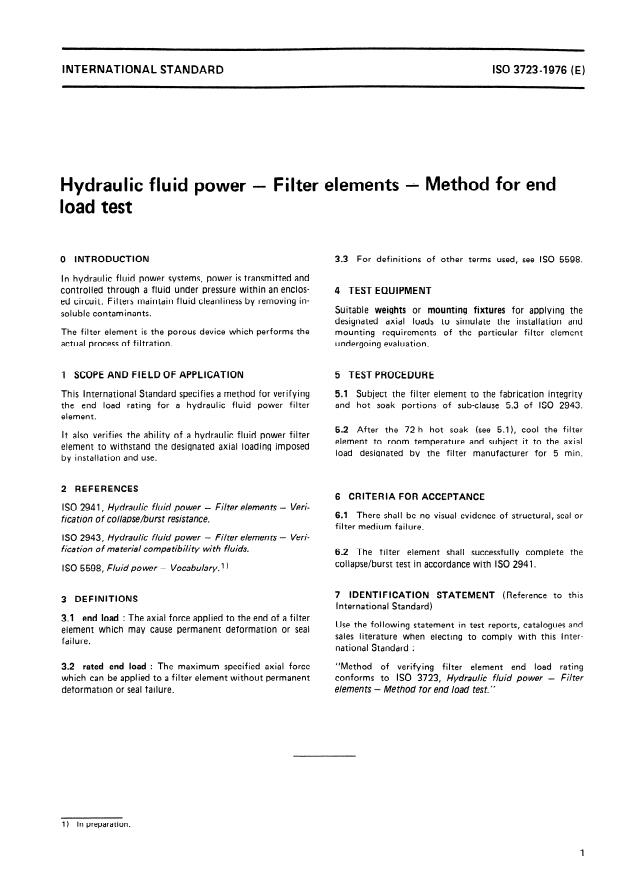 ISO 3723:1976 - Hydraulic fluid power -- Filter elements -- Method for end load test