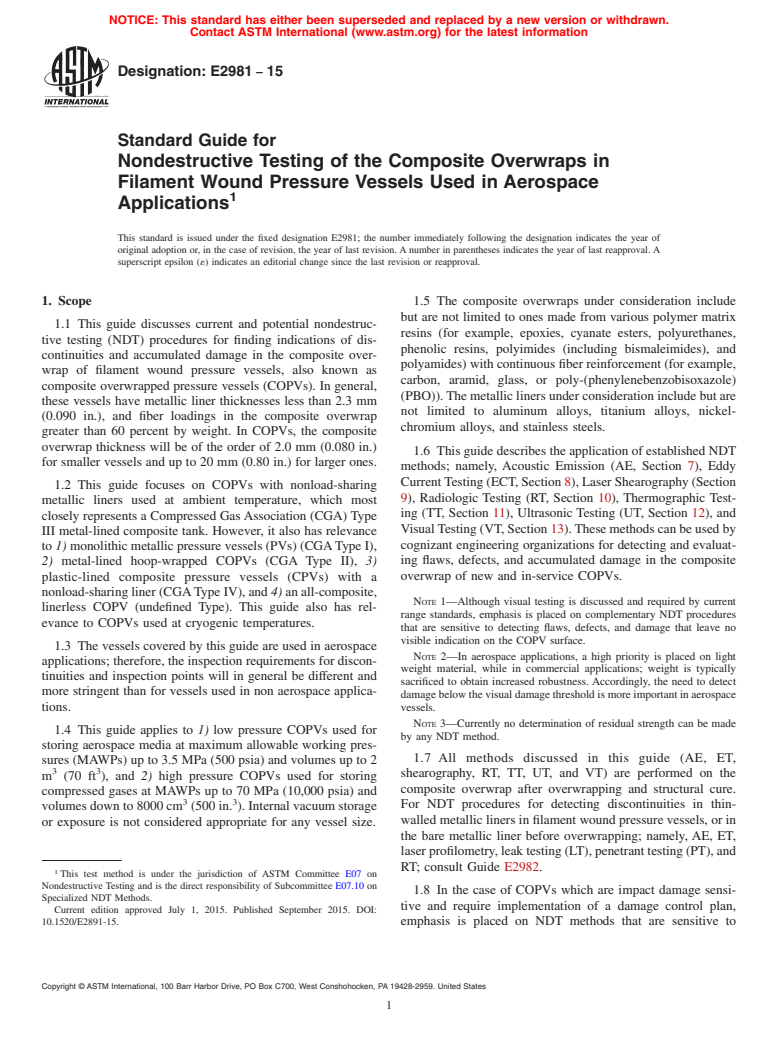 ASTM E2981-15 - Standard Guide for  Nondestructive Testing of the Composite Overwraps in Filament  Wound Pressure Vessels Used in Aerospace Applications