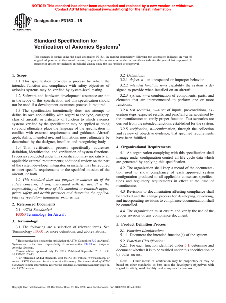 ASTM F3153-15 - Standard Specification for Verification of Avionics Systems